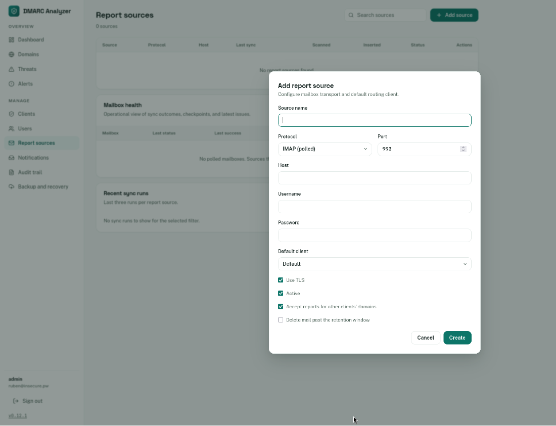 DmarcAnalyzer: Report-Quelle einrichten, Mailbox für rua-Reports verbinden