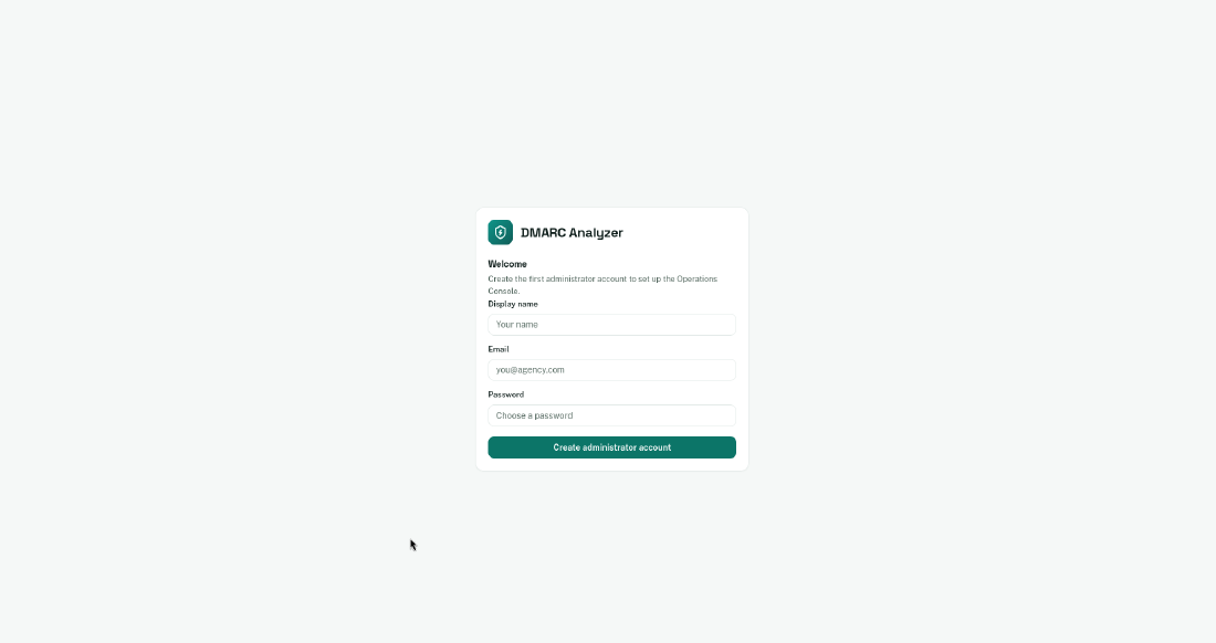 DmarcAnalyzer: Erster Aufruf, Anlegen des Admin-Kontos